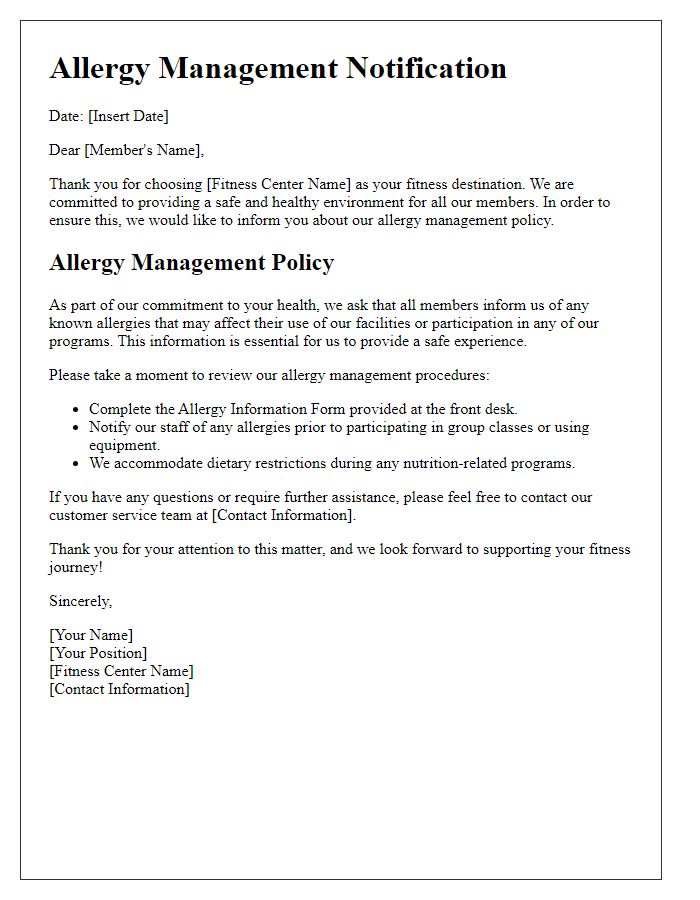 Letter template of fitness center allergy management notification