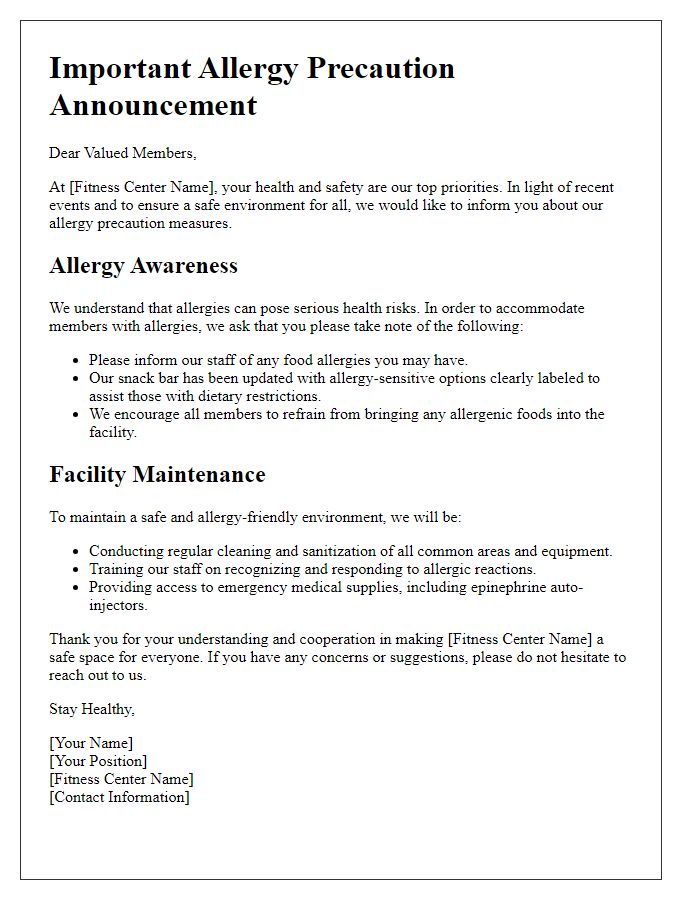 Letter template of fitness center allergy precaution announcement