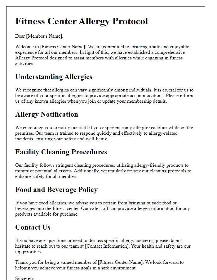 Letter template of fitness center allergy protocol explanation