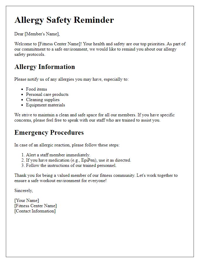 Letter template of fitness center allergy safety reminder