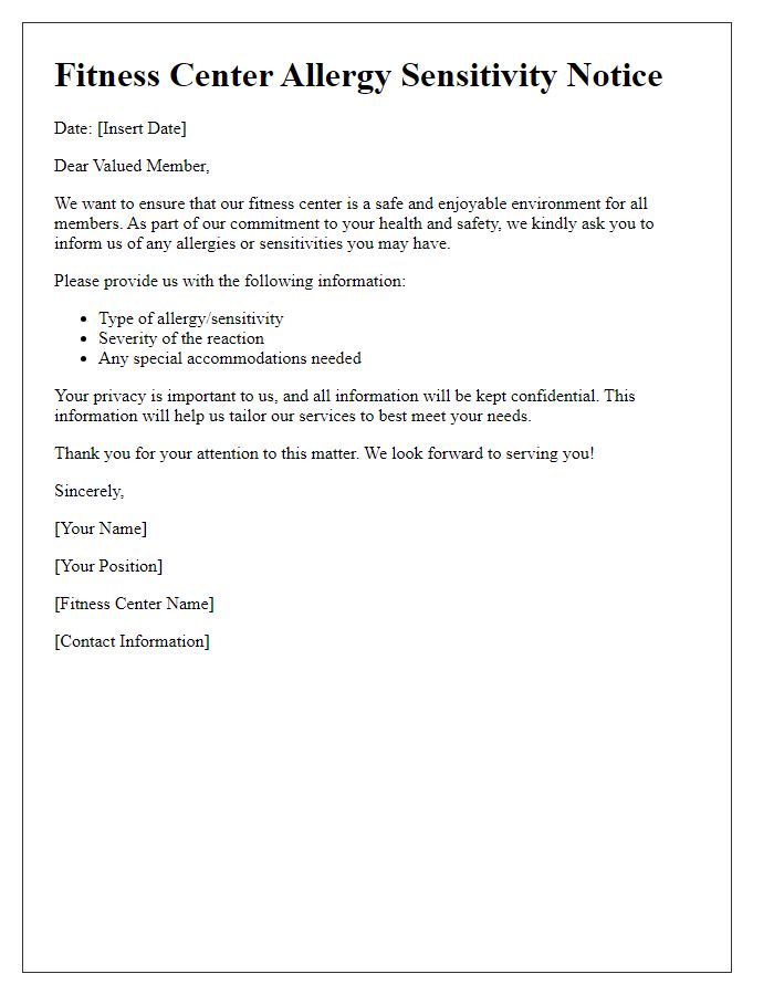 Letter template of fitness center allergy sensitivity notice