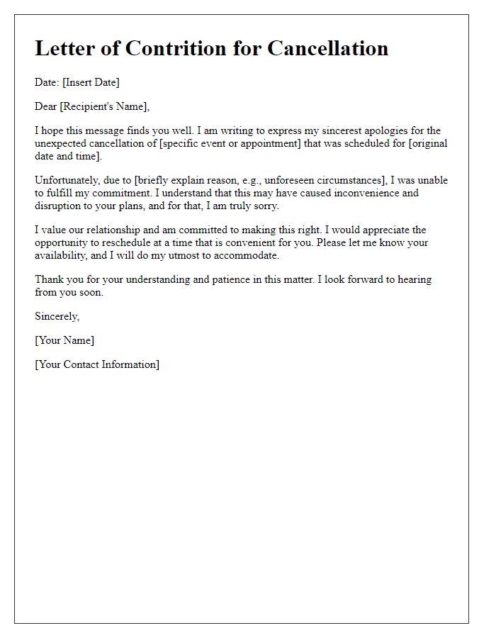 Letter template of contrition for an unexpected cancellation notification