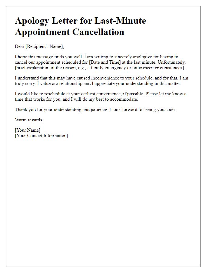 Letter template of sincere apologies for a last-minute appointment cancellation