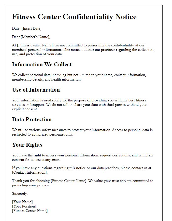 Letter template of fitness center confidentiality notice
