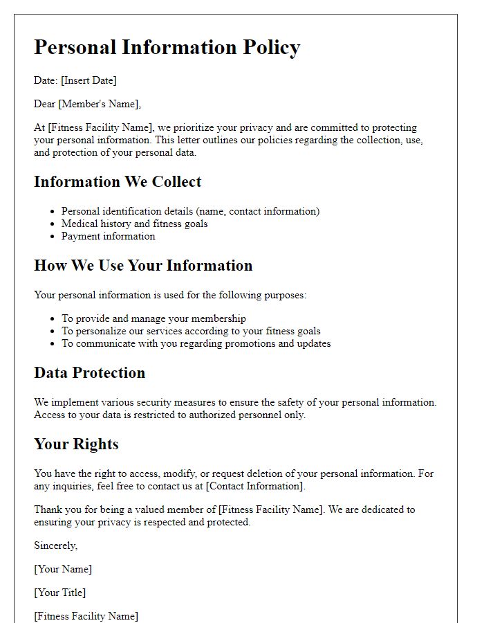 Letter template of fitness facility personal information policy