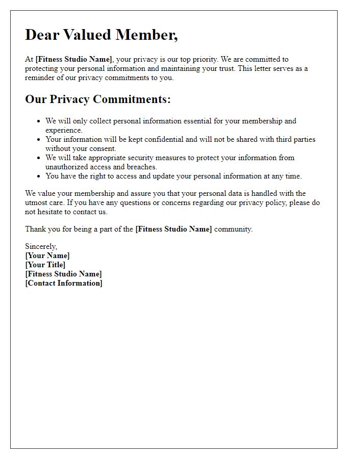 Letter template of fitness studio privacy commitments reminder