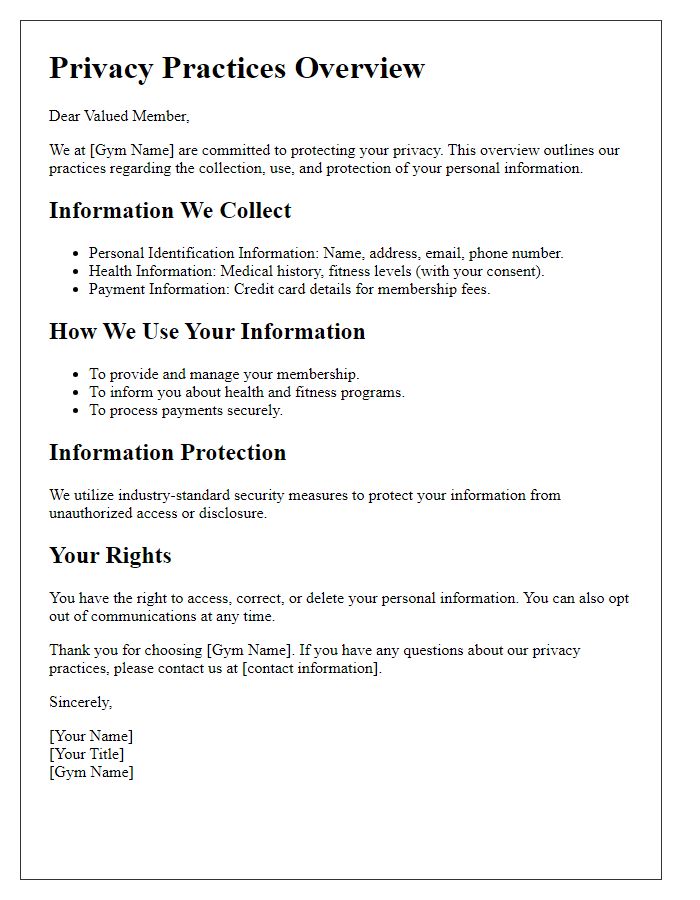 Letter template of gym privacy practices overview