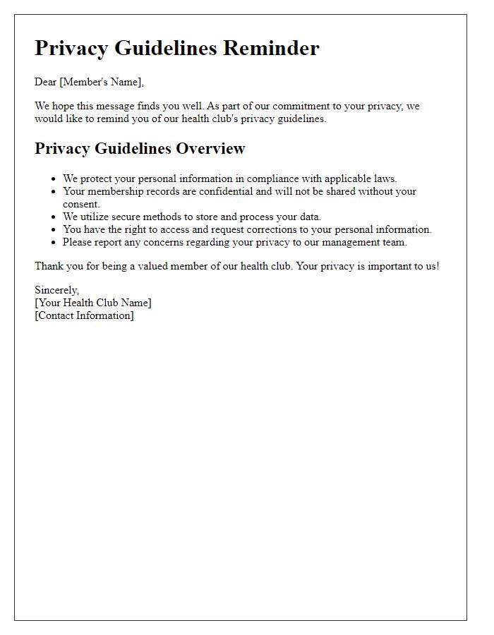 Letter template of health club privacy guidelines reminder