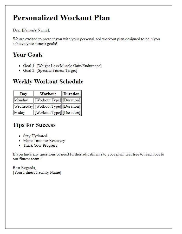 Letter template of adaptable workout plans for fitness facility patrons