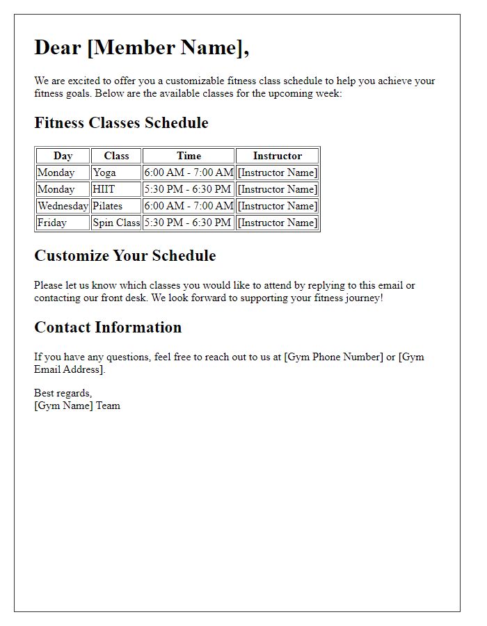 Letter template of customizable fitness class schedules for gym members