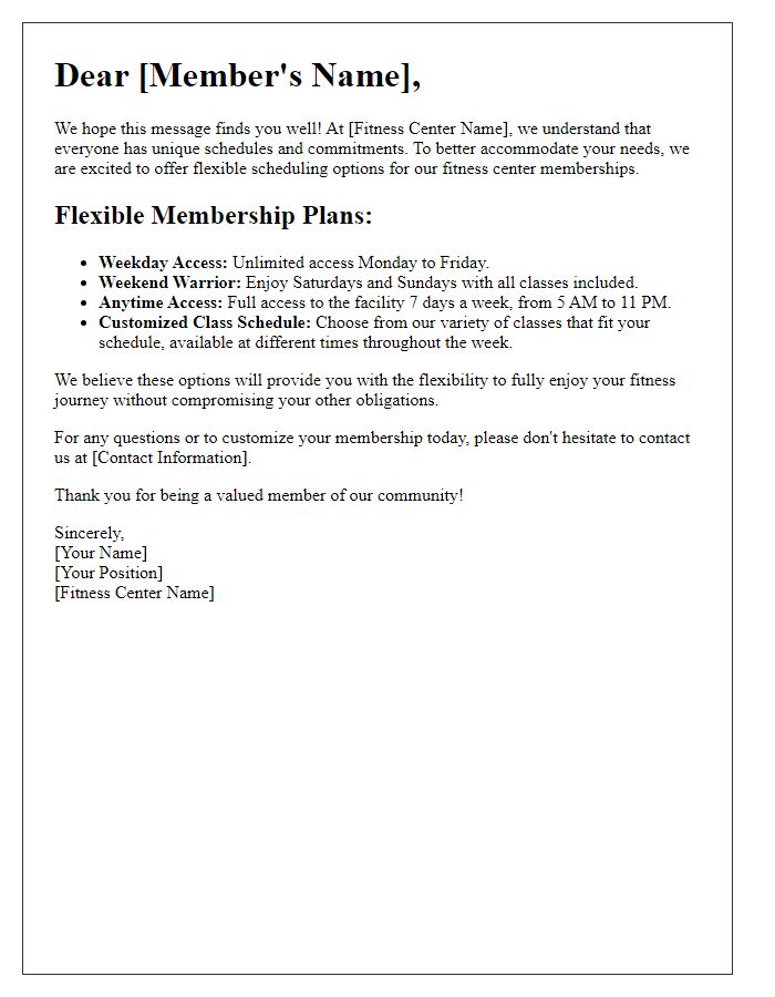 Letter template of flexible scheduling options for fitness center memberships