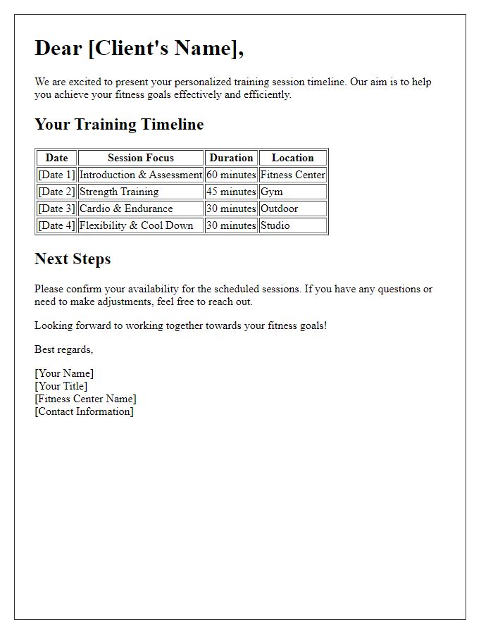 Letter template of personalized training session timelines for fitness center clients