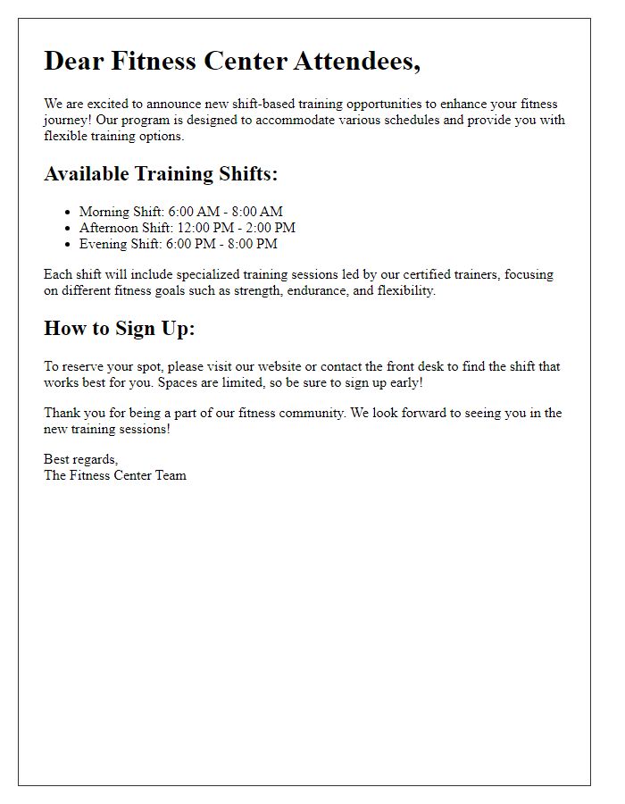 Letter template of shift-based training opportunities for fitness center attendees