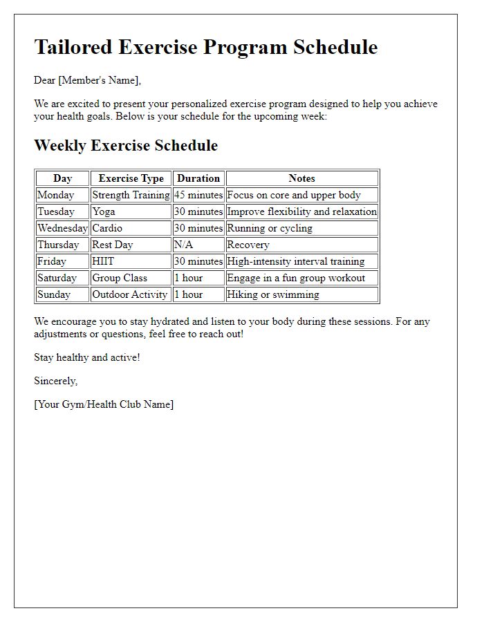 Letter template of tailored exercise program schedules for health-conscious members