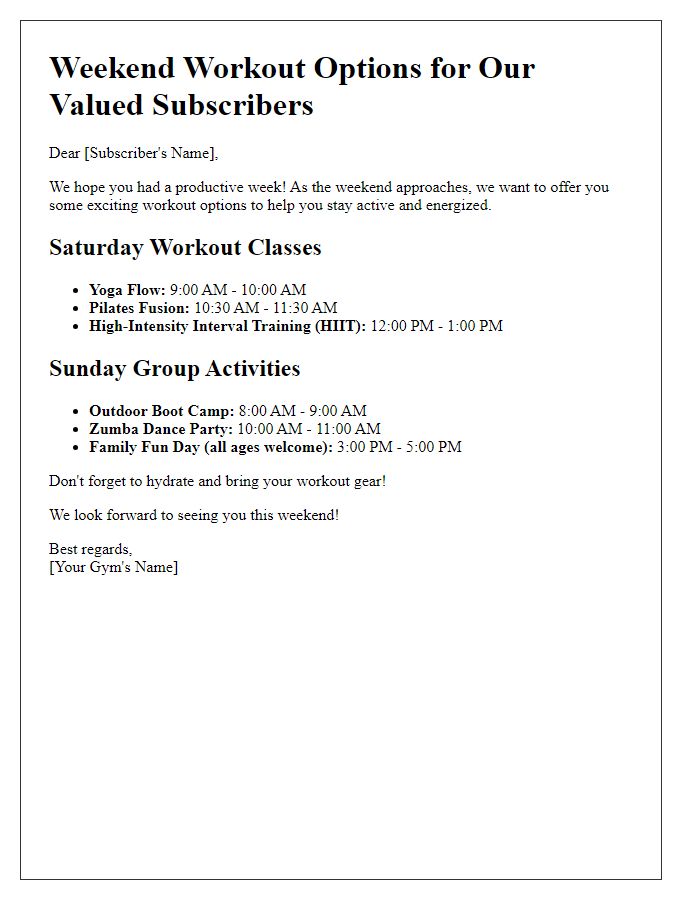 Letter template of weekend workout options for gym subscribers