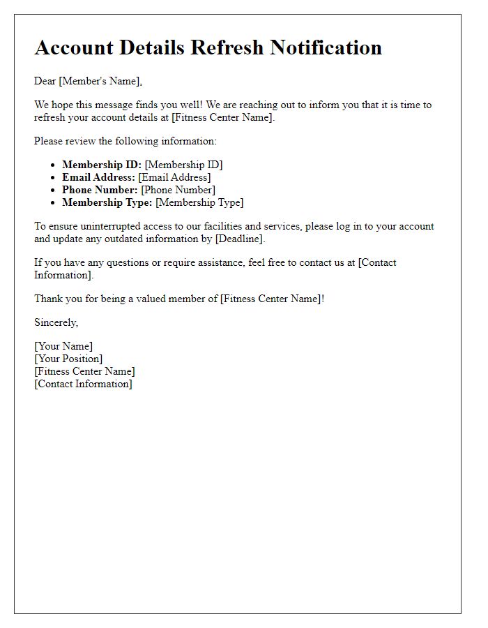 Letter template of fitness center account details refresh