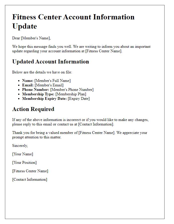 Letter template of fitness center account information update