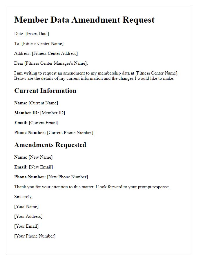 Letter template of fitness center member data amendment