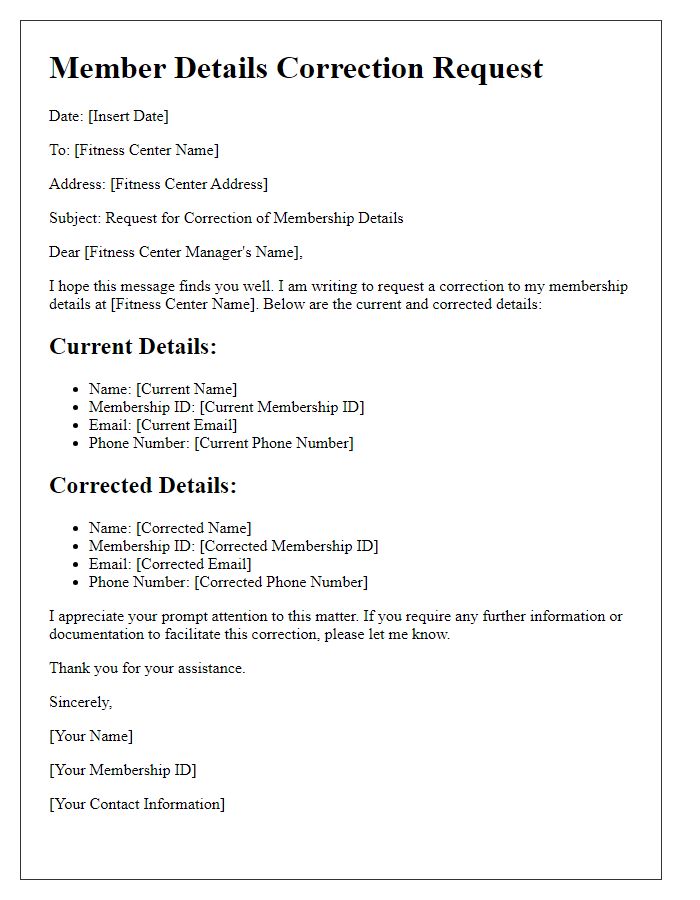 Letter template of fitness center member details correction