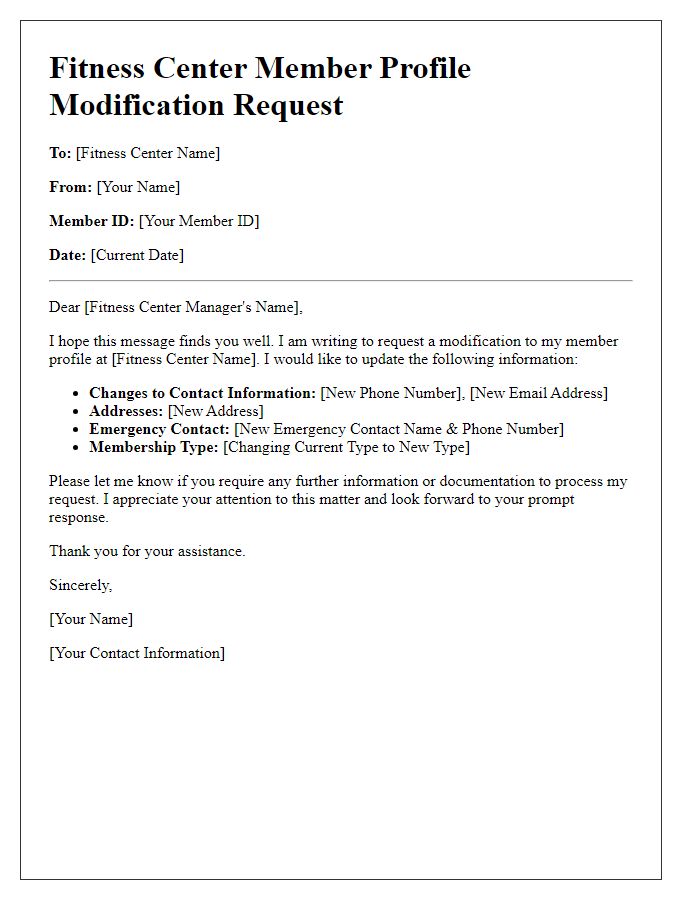 Letter template of fitness center member profile modification request