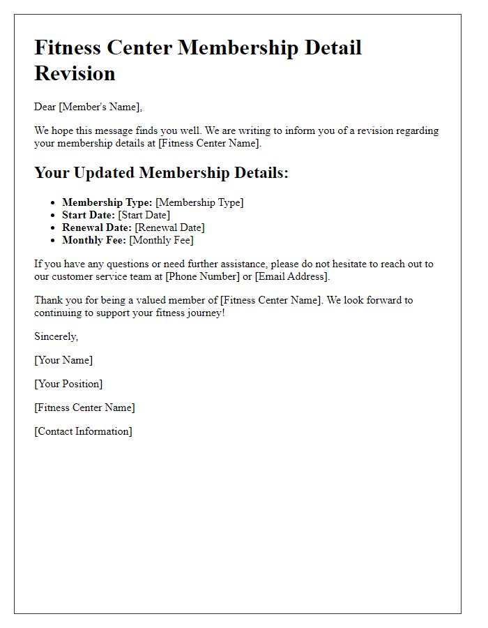 Letter template of fitness center membership detail revision