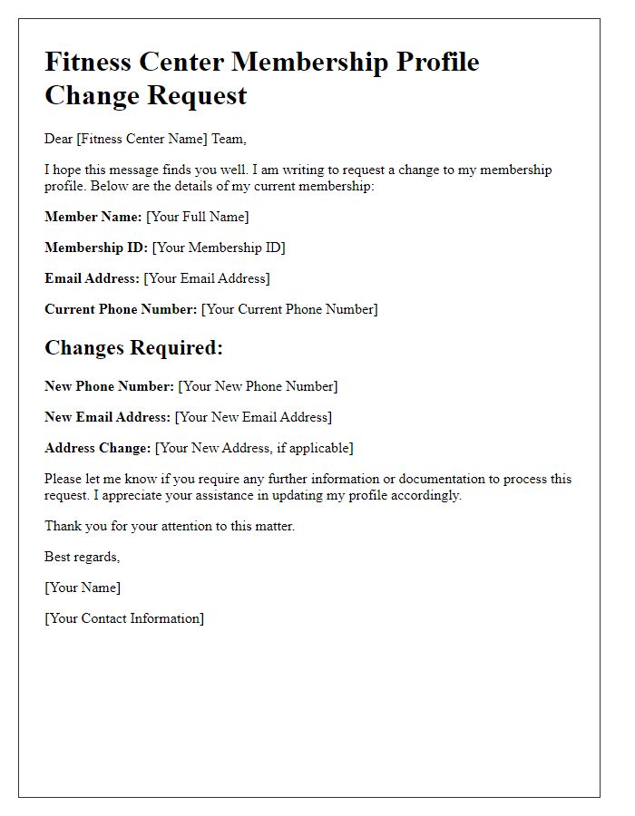 Letter template of fitness center membership profile change