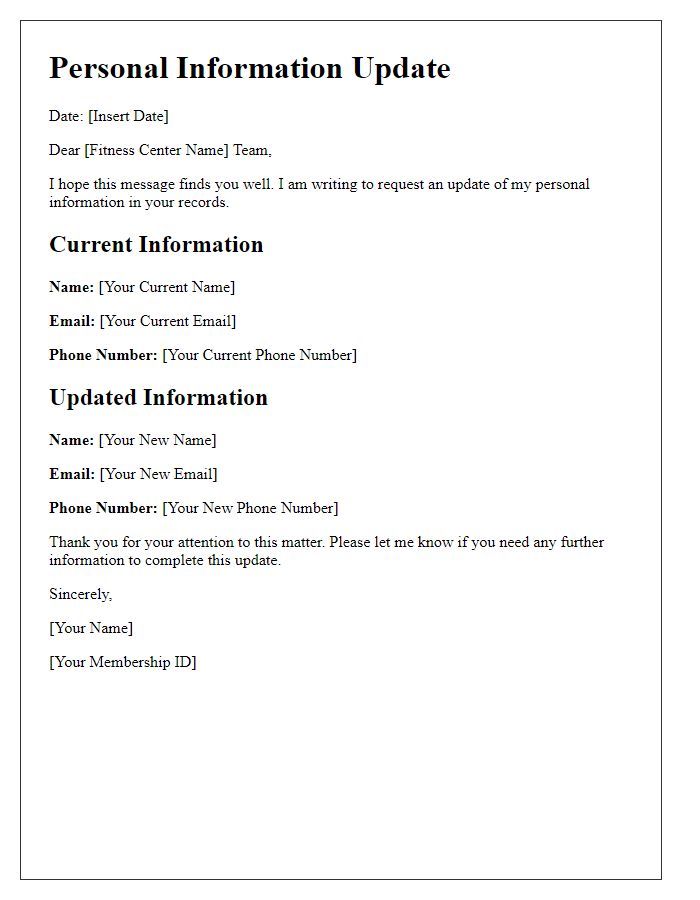 Letter template of fitness center personal information update