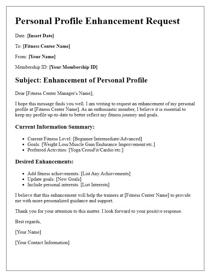 Letter template of fitness center personal profile enhancement