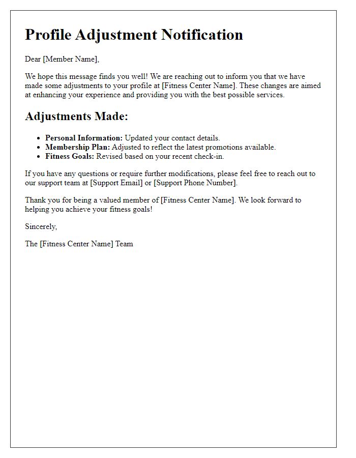 Letter template of fitness center profile adjustment notification