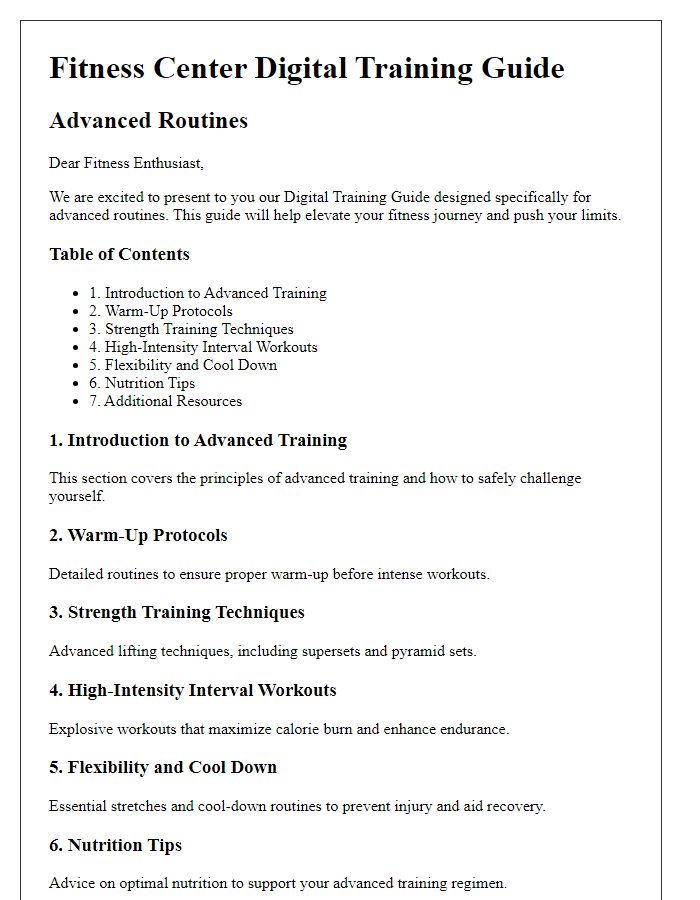 Letter template of Fitness Center Digital Training Guide for Advanced Routines