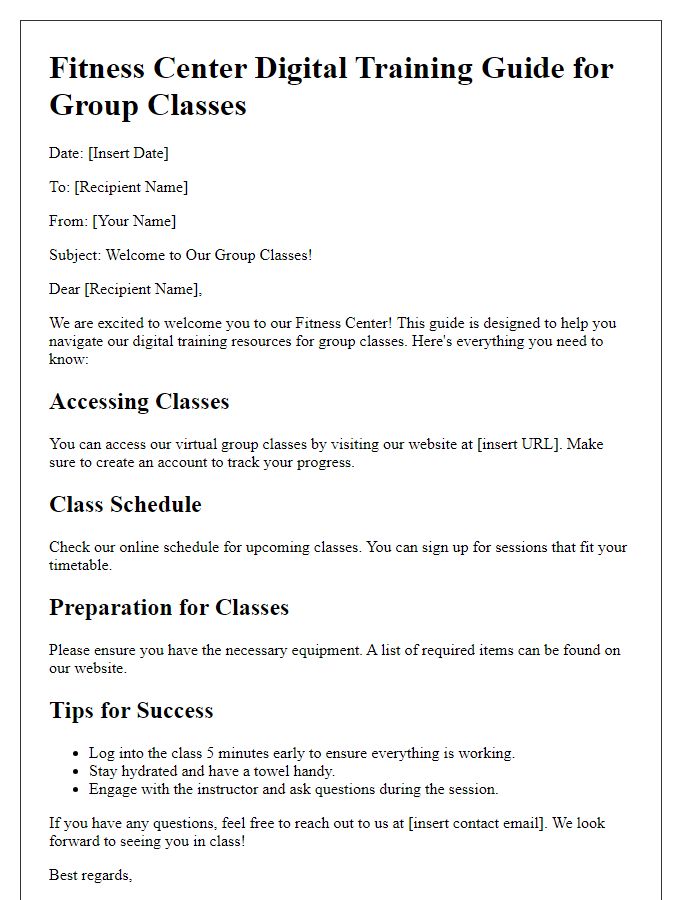 Letter template of Fitness Center Digital Training Guide for Group Classes