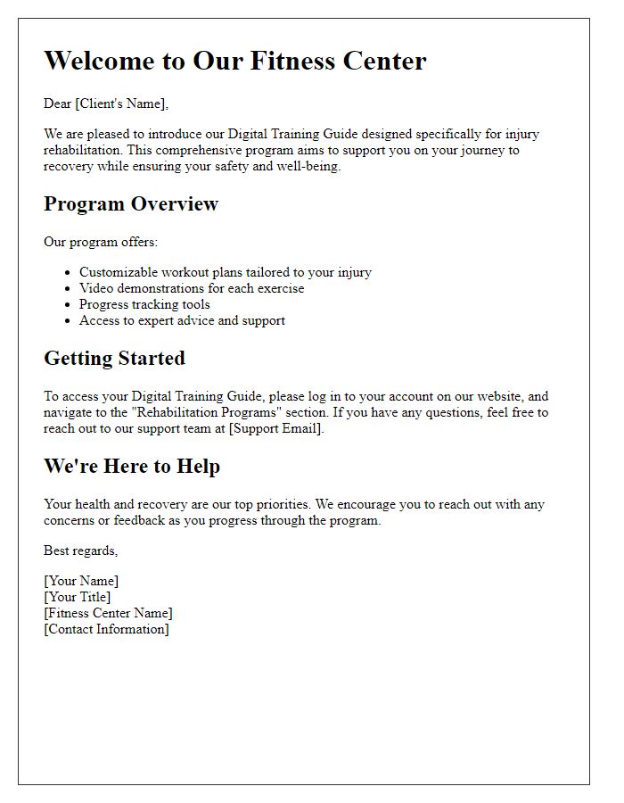 Letter template of Fitness Center Digital Training Guide for Injury Rehabilitation