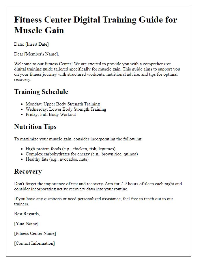 Letter template of Fitness Center Digital Training Guide for Muscle Gain