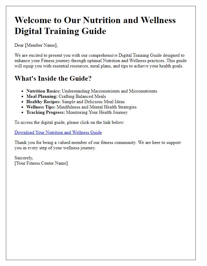 Letter template of Fitness Center Digital Training Guide for Nutrition and Wellness