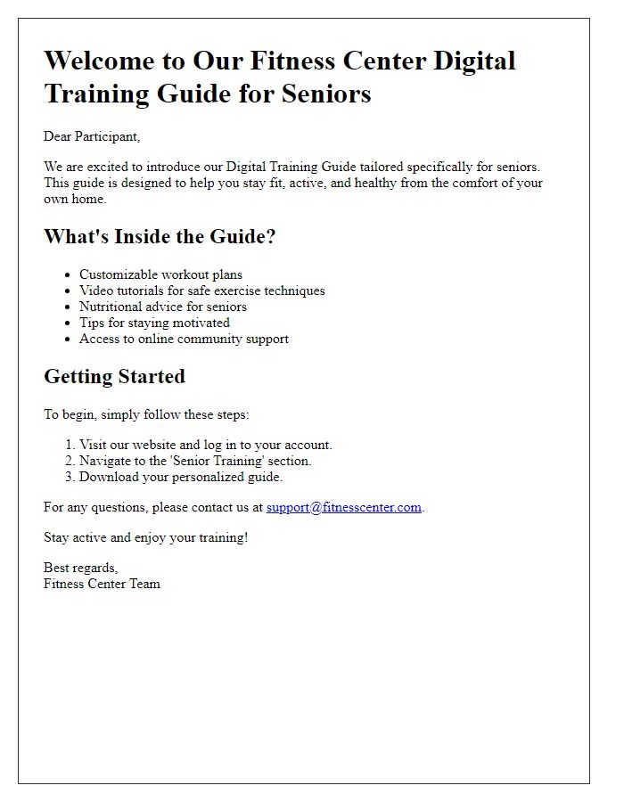 Letter template of Fitness Center Digital Training Guide for Seniors