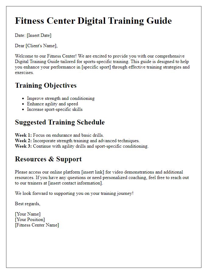 Letter template of Fitness Center Digital Training Guide for Sports Specific Training