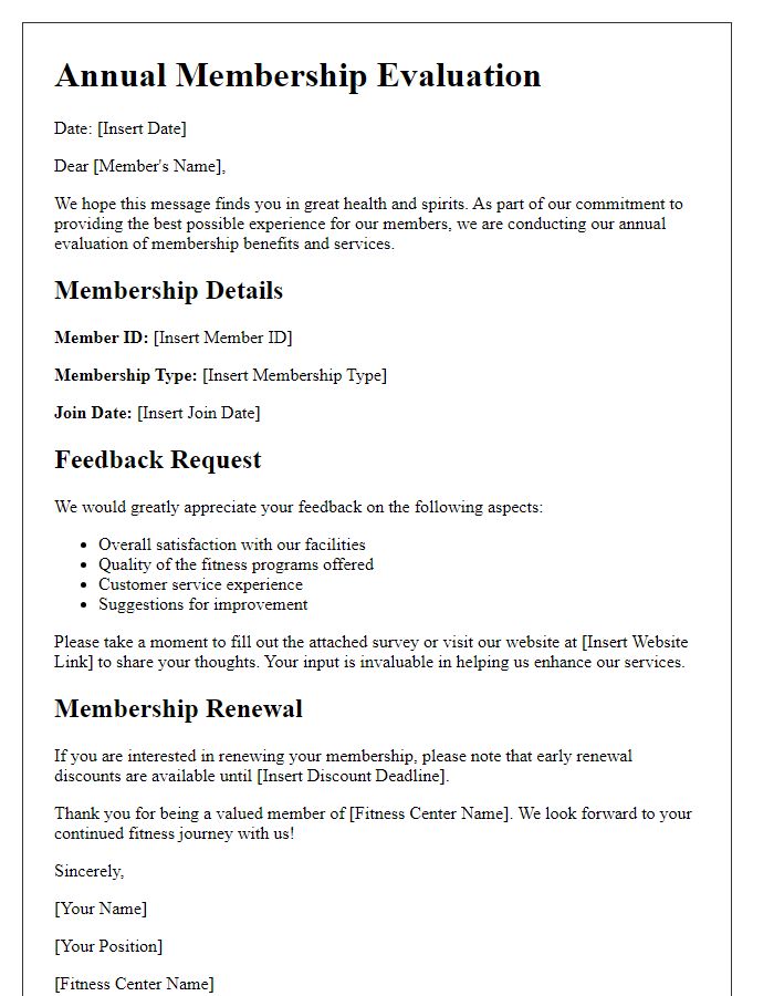 Letter template of fitness center annual membership evaluation