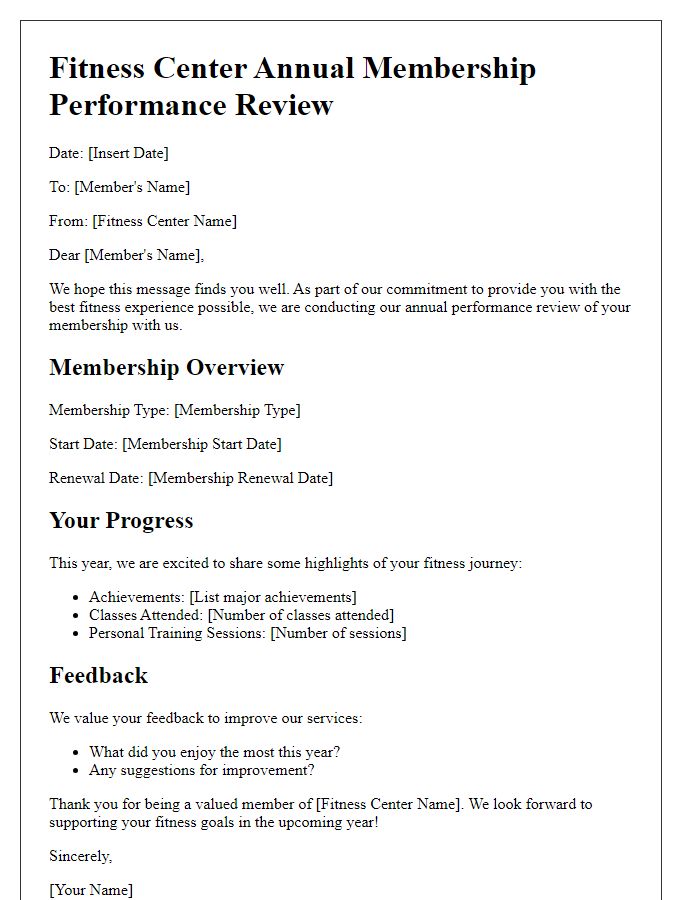 Letter template of fitness center annual membership performance review