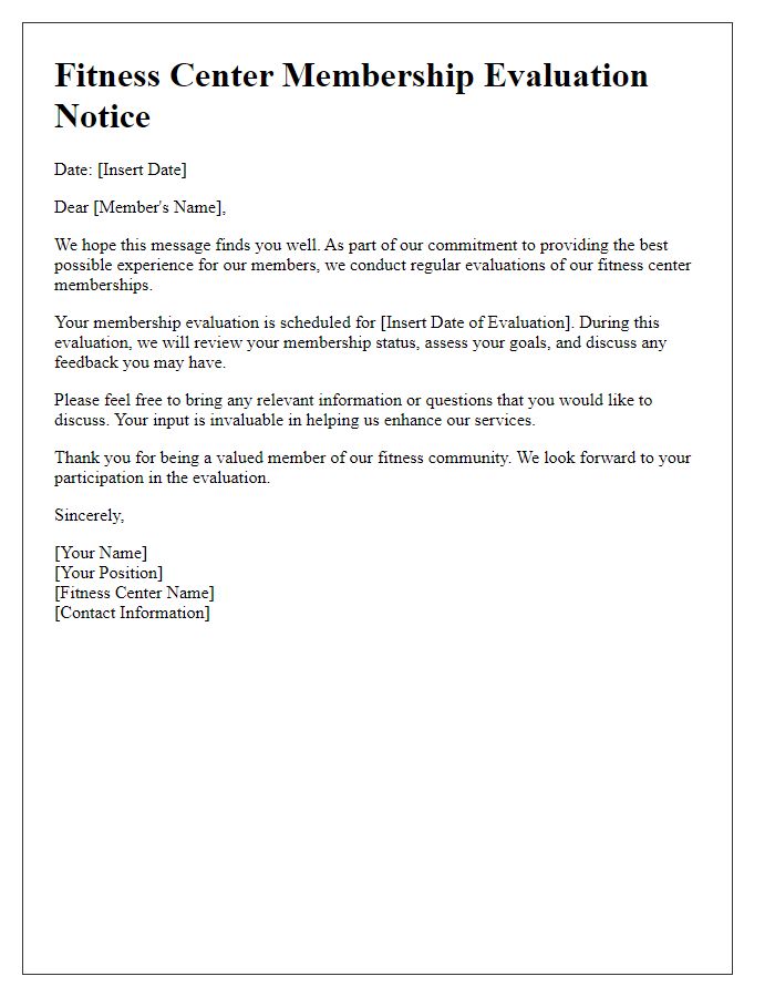 Letter template of fitness center membership evaluation notice