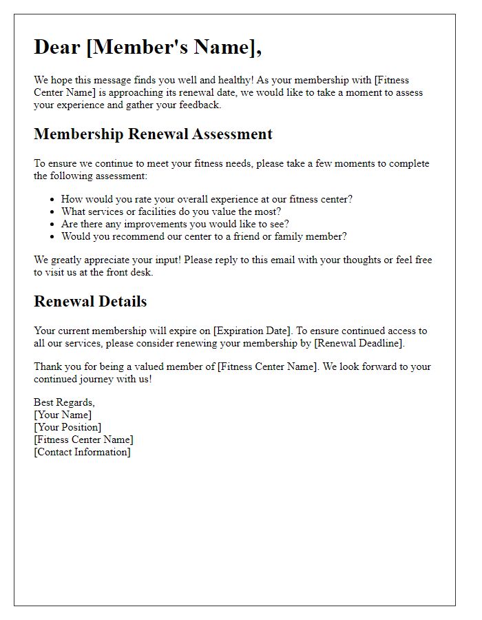 Letter template of fitness center membership renewal assessment