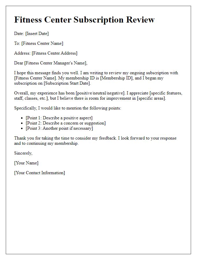 Letter template of fitness center subscription review