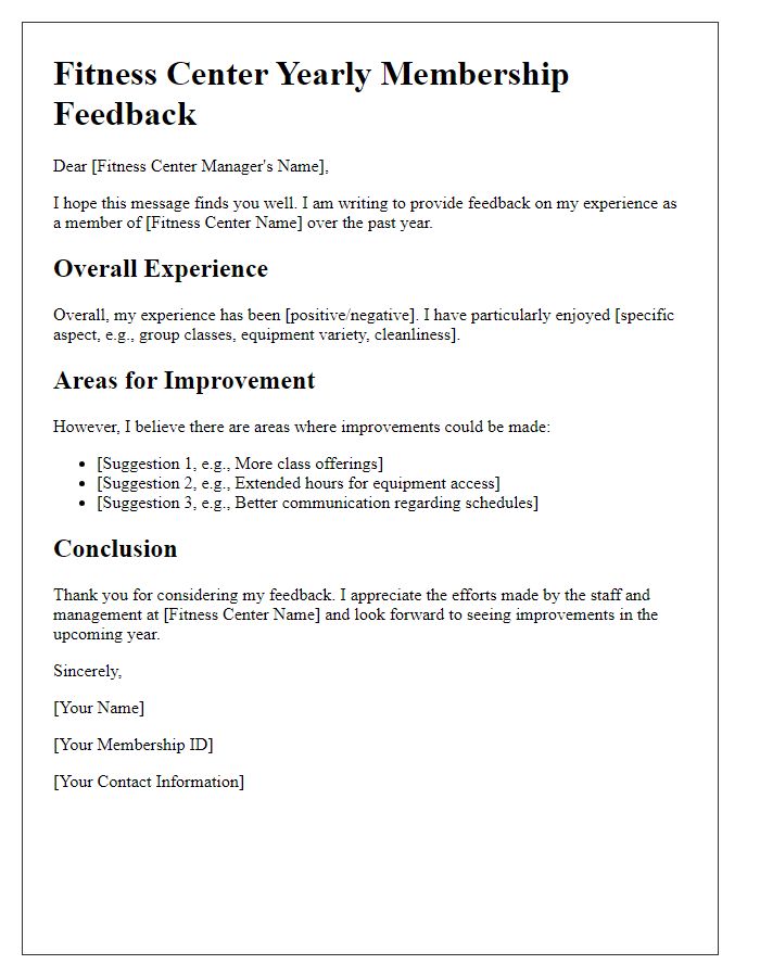 Letter template of fitness center yearly membership feedback