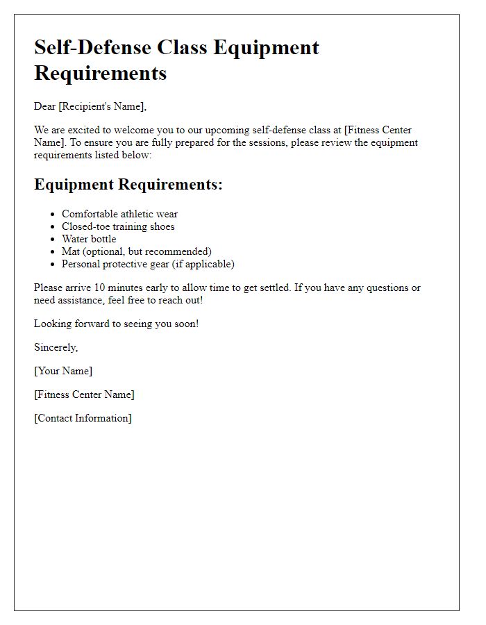 Letter template of fitness center self-defense class equipment requirements