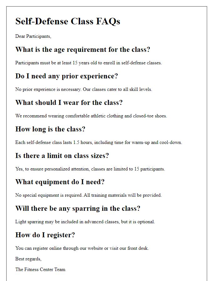 Letter template of fitness center self-defense class FAQs