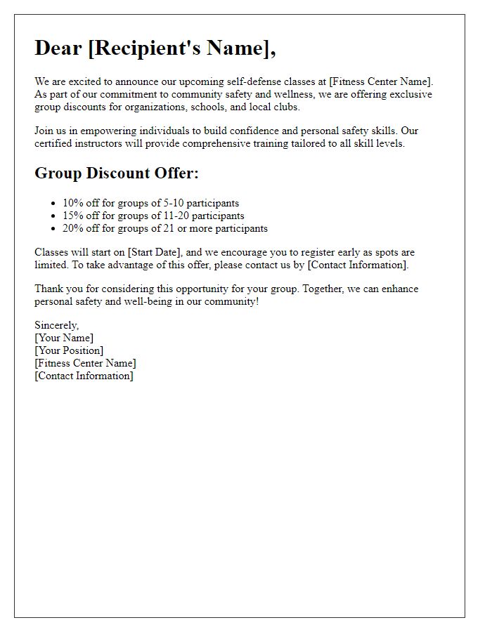 Letter template of fitness center self-defense class group discounts