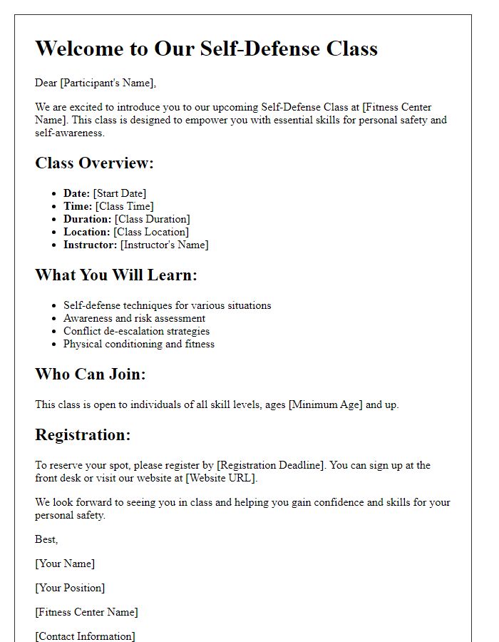 Letter template of fitness center self-defense class overview