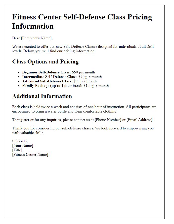 Letter template of fitness center self-defense class pricing information