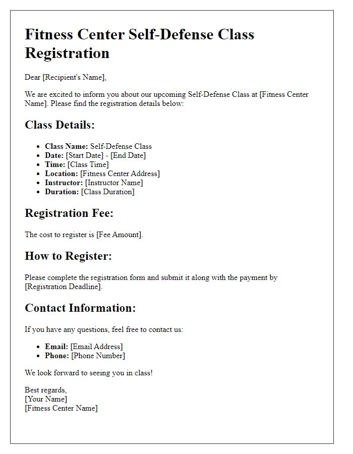 Letter template of fitness center self-defense class registration details