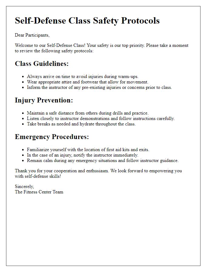 Letter template of fitness center self-defense class safety protocols