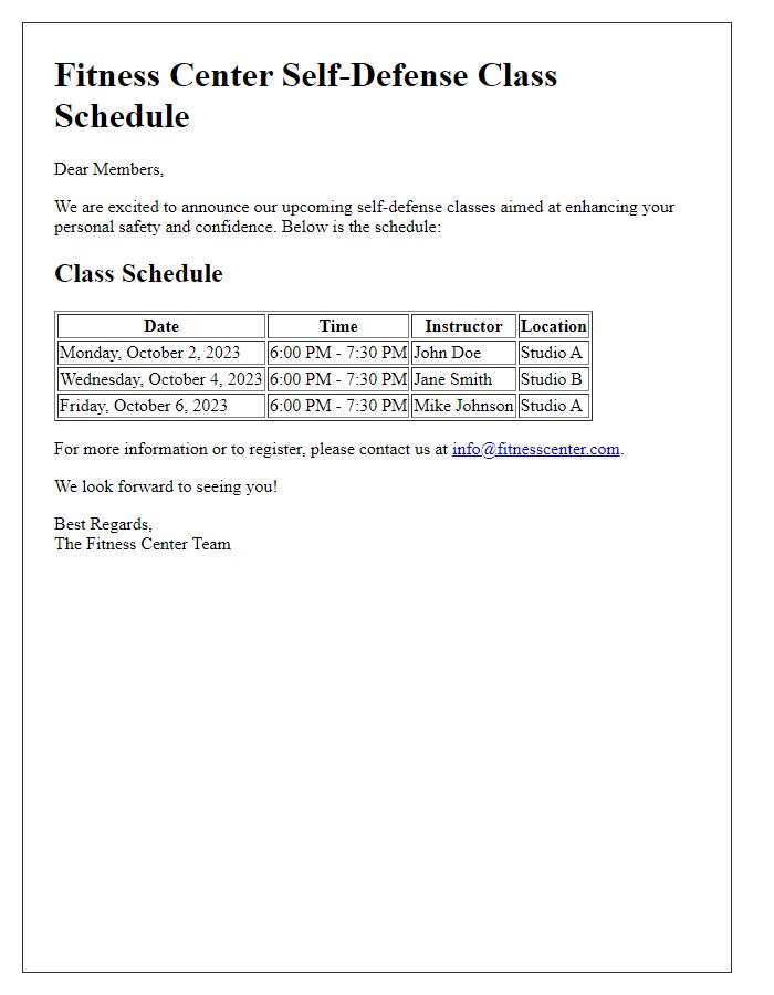 Letter template of fitness center self-defense class schedule